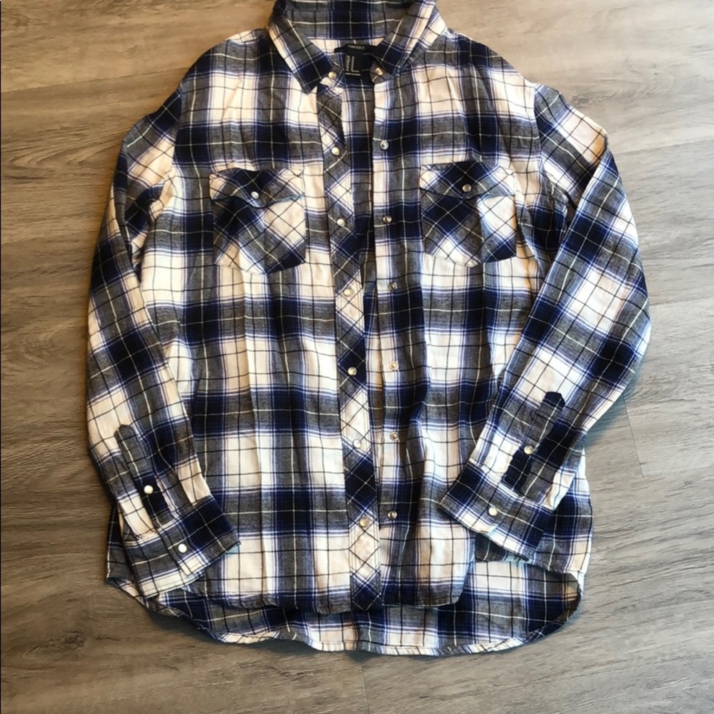 White and blue plaid button down shirt